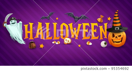 Halloween banner with sweets and cartoon characters. Pirate ghost personage, Jack o lantern pumpkin in witch hat and creepy trick or treat candies, bats, cobweb. Halloween horizontal vector background 95354692