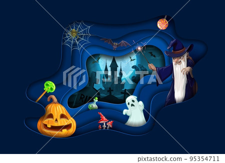 Halloween paper cut cartoon wizard and pumpkin lantern. Vector background with 3d effect wavy papercut frame for party. Sorcerer, night cemetery, haunted house, potion bottle and trick or treat sweets Halloween paper cut cartoon wizard and pumpkin lantern. Vector background with 3d effect wavy papercut frame for party. Sorcerer, night cemetery, haunted house, potion bottle and trick or treat sweets 95354711