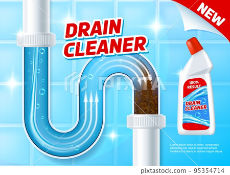 Pipe drain cleaner. Toilet tube cleanup agent cover, toilet or house pipeline unclog chemical liquid realistic vector promo poster. Bath clogged siphon, sewage detergent product advertisement banner 95354714