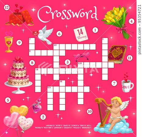 Wedding and valentine cupid, hearts and cake, magic potion, dove and flowers, vector crossword. Grid worksheet to find word, quiz game with wedding cake and balloons, love book and dove 95354721