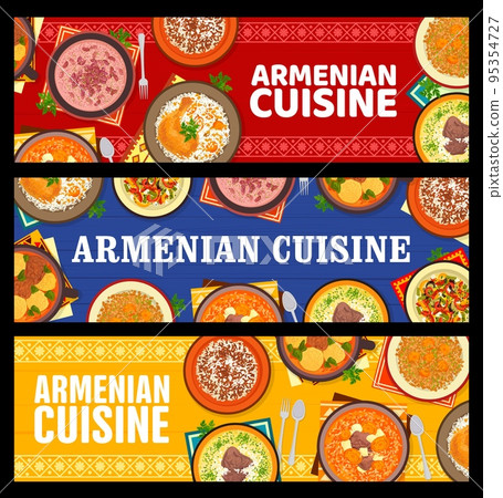 Armenian cuisine food banners. Lentil salad Mshosh with dried apricots, vermicelli rice Pilaf and stuffed chicken, lamb yogurt soup, garden vegetable salad and red bean, lamb Bozbash and Yajni soups Armenian cuisine food banners. Lentil salad Mshosh with dried apricots, vermicelli rice Pilaf and stuffed chicken, lamb yogurt soup, garden vegetable salad and red bean, lamb Bozbash and Yajni soups 95354727