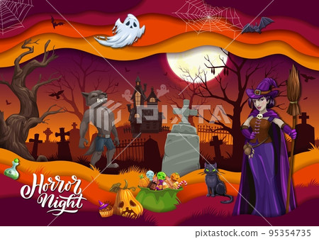 Halloween paper cut cartoon characters and sweets. Vector 3d papercut party poster with werewolf, Jack lantern pumpkins, potion, bats and spooky ghost at haunted creepy castle on at night cemetery 95354735