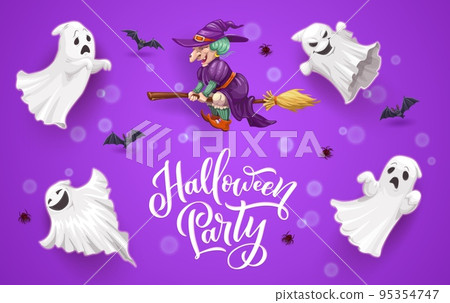 Halloween party banner with flying ghosts and witch. Cartoon vector greeting card with spooks, bats, spiders and old hag flying on broomstick. Happy Halloween horror night design with funny characters 95354747
