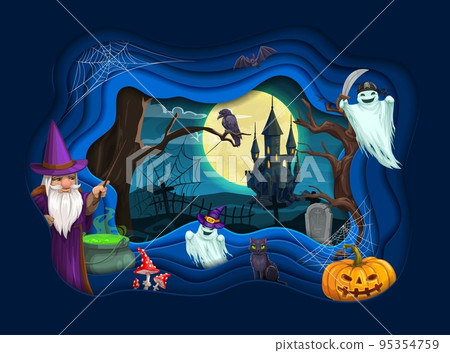 Halloween paper cut landscape. Cartoon wizard, ghosts and castle. Vector party poster with 3d layers frame, sorcerer with white beard hold magic wand near cauldron with green potion, pumpkin, raven Halloween paper cut landscape. Cartoon wizard, ghosts and castle. Vector party poster with 3d layers frame, sorcerer with white beard hold magic wand near cauldron with green potion, pumpkin, raven 95354759
