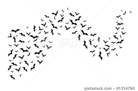 Flying halloween bats, curve wave fly on white background. Isolated vector vampire winged animal flock, swarm of creepy bats black silhouettes, spooky fauna creatures group flow graphic design element Flying halloween bats, curve wave fly on white background. Isolated vector vampire winged animal flock, swarm of creepy bats black silhouettes, spooky fauna creatures group flow graphic design element 95354760
