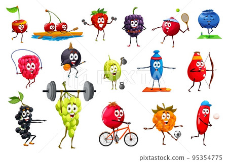 Cartoon funny sportsman fruits characters, vector farm and wild berry food. Cute strawberry, cherry, grape and blackberry, blueberry, raspberry, blackcurrant, cranberry and gooseberry personages 95354775