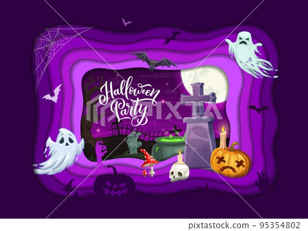 Halloween paper cut flying ghosts and tombs. Vector 3d poster with cartoon spooks, bats and jack lantern pumpkin under full moon light on night cemetery with zombie hands, cauldron, skull and amanita 95354802