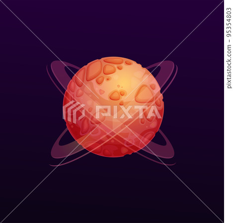 Cartoon red space planet with craters and rings. Fantastic galaxy or sci-fi planet, GUI space satellite vector icon with mountains, rocky surface. Aliens home, fantasy space world with crossed rings Cartoon red space planet with craters and rings. Fantastic galaxy or sci-fi planet, GUI space satellite vector icon with mountains, rocky surface. Aliens home, fantasy space world with crossed rings 95354803