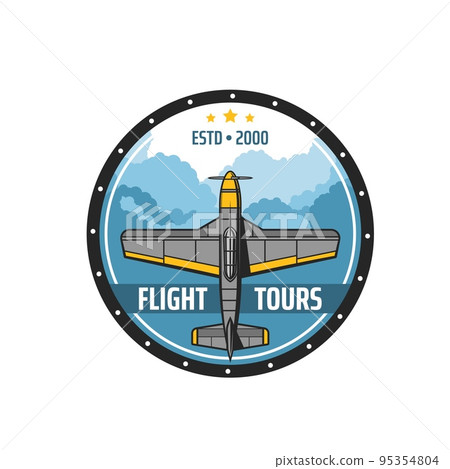 Flight tours icon, air travel vector emblem with propeller airplane flying in cloudy sky. Airline business label with plane jet, flight traveling service, aircraft adventure, aerial touristic voyage 95354804