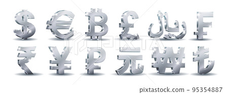 Silver currency sign set. euro, dollar, bitcoin, rial, frank, pound, yen, yuan, rupee, lira, won and rouble Silver currency sign set. euro, dollar, bitcoin, rial, frank, pound, yen, yuan, rupee, lira, won and rouble 95354887