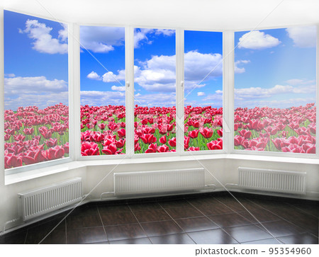 Panoramic window overlooking field of red tulips against blue sky. Spring garden 95354960