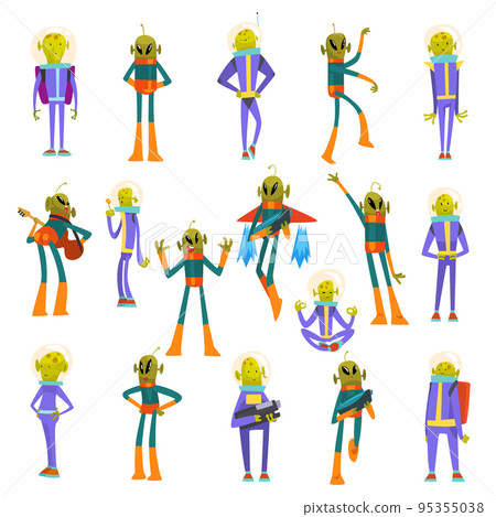 Cartoon Alien and Ufo Characters Wearing Space Costume Big Vector Set 95355038