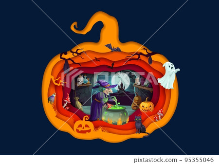 Halloween paper cut cartoon witch with magic potion pot in cave. Vector party poster, old hag cook in cauldron with green boiling goo inside of 3d jack lantern pumpkin frame with spooky ghost and cat 95355046