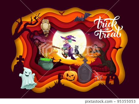 Halloween paper cut flying cartoon witch and holiday landscape. Vector poster with funny hag and black cat characters fly over old cemetery graveyard, trees and pumpkins under moon inside of 3d frame 95355053