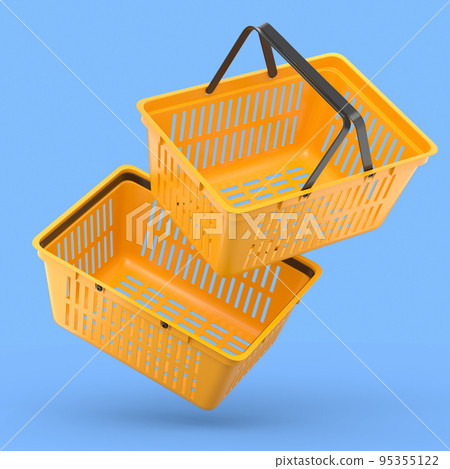 Set of plastic basket from supermarket for online shopping on blue background. 95355122