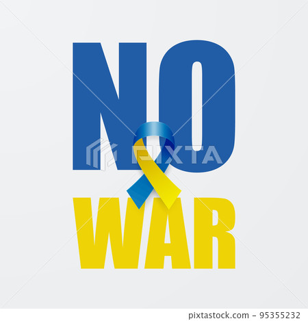 No War in Ukraine. Anti War Call with the Smbol of Peace with Blue and Yellow Silk Ribbon. Ukranian Flag Colors. Struggle, Protest, Support Ukraine, Slogan. Vector Illustration 95355232