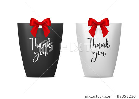Thank You. Vector 3d Realistic Black and White Paper Gift Bag, Box for Birthday or Party with Gift Bow, Ribbon. Carry Bag for Present Icon Set Isolated on White Background Thank You. Vector 3d Realistic Black and White Paper Gift Bag, Box for Birthday or Party with Gift Bow, Ribbon. Carry Bag for Present Icon Set Isolated on White Background 95355236