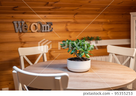Jade plant on round dining table with chairs and word welcome at the background on wooden wall in a rural house. Selective focus. Jade plant on round dining table with chairs and word welcome at the background on wooden wall in a rural house. Selective focus. 95355253