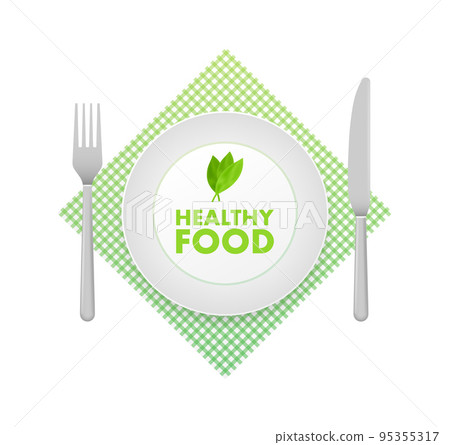 Healthy food. Healthy food labels with lettering. Vegan food stickers. Organic food badge. Lettering Natural. Vector illustration. 95355317