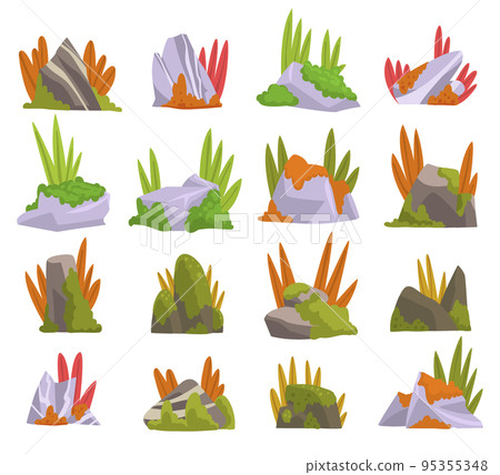 Mossy Solid Stone or Boulder with Grass Big Vector Set Mossy Solid Stone or Boulder with Grass Big Vector Set 95355348