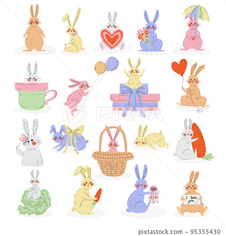 Cute Rabbit or Bunny with Long Ears Engaged in Different Activity Big Vector Set 95355430