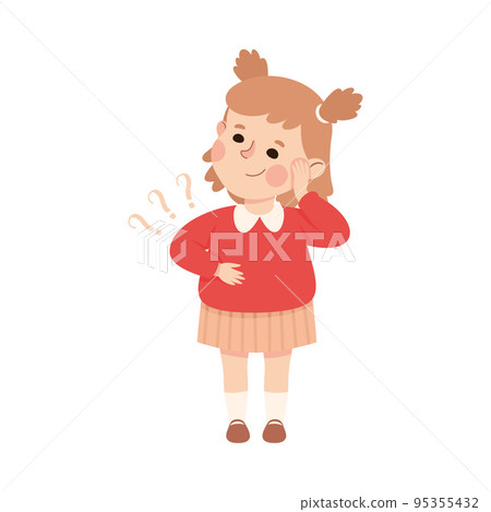 Puzzled Little Girl with Question Mark Scratching Her Head Wondering Vector Illustration 95355432