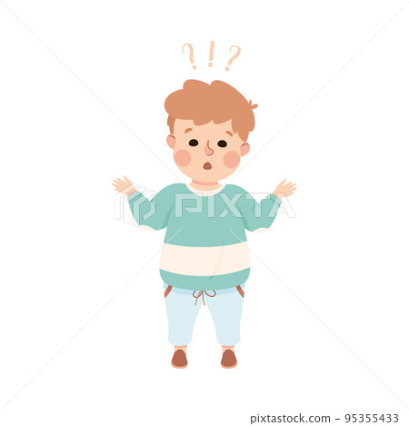 Puzzled Little Boy with Question Mark Scratching His Head Wondering Vector Illustration 95355433