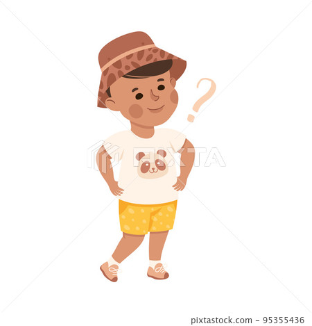Puzzled Little Boy in Hat with Question Mark Scratching His Head Wondering Vector Illustration 95355436