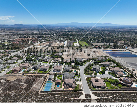 Aerial view of Rancho Cucamonga, located south of the foothills of the San Gabriel Mountains and Angeles National Forest 95355449