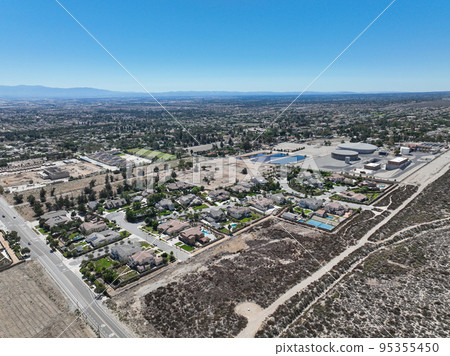 Aerial view of Rancho Cucamonga, located south of the foothills of the San Gabriel Mountains and Angeles National Forest 95355450