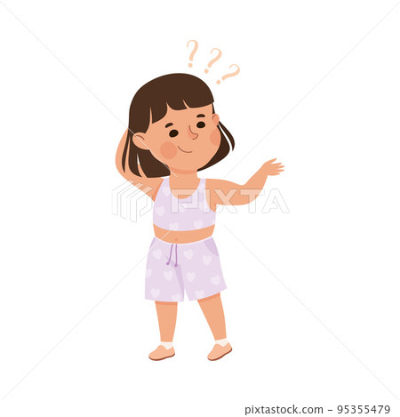 Puzzled Little Girl with Question Mark Scratching Her Head Wondering Vector Illustration 95355479