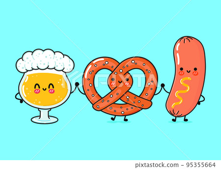 Cute, funny happy glass of beer, pretzel and sausage with mustard. Vector hand drawn cartoon kawaii characters, illustration. Funny cartoon glass of beer, pretzel and sausage mustard mascot friends 95355664