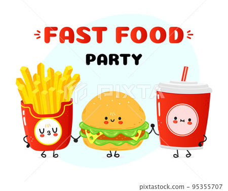 Cute happy hamburger french fries cola card. Vector hand drawn doodle style cartoon character illustration icon design. Happy hamburger french fries cola friends concept card 95355707