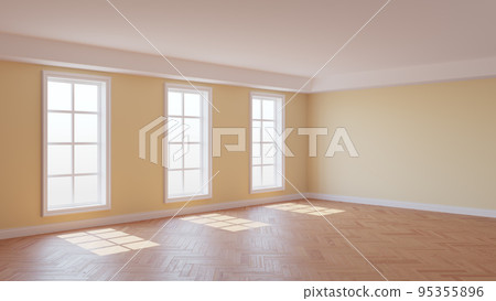 Beautiful Empty Interior with Beige Walls, Three Large Windows Beautiful Empty Interior with Beige Walls, Three Large Windows 95355896