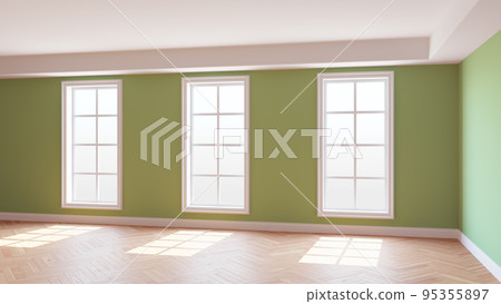 Sunny Interior with Green Walls, Three Large Windows, Light Glossy Parquet Floor 95355897