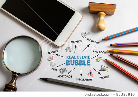Real estate bubble concept. Chart and illustration on a white office desk Real estate bubble concept. Chart and illustration on a white office desk 95355916