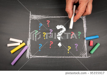 Many question marks on the blackboard, FAQs, question analysis, education concept 95355917