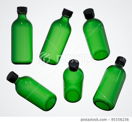 Cosmetic bottles several views 3D render, different angles of care product container template on white background isolated, design and branding ready clear glass bottle with cap 95356236