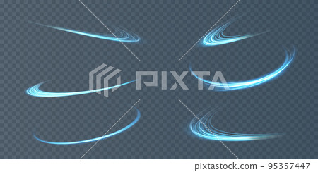Abstract light lines of movement and speed in blue. Light everyday glowing effect. semicircular wave, light trail curve swirl, car headlights, incandescent optical fiber png. 95357447