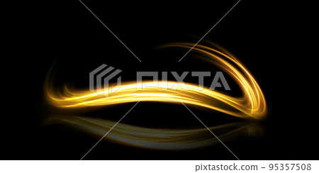 Abstract light lines of motion and speed in golden color. Light everyday glowing effect. semicircular wave, light trail curve swirl, car headlights, incandescent optical fiber png. 95357508