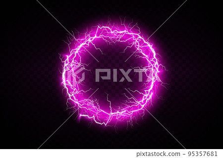 Ball lightning on a transparent background. Vector illustration, abstract electric lightning in purple. Light flash, thunder, spark. 95357681