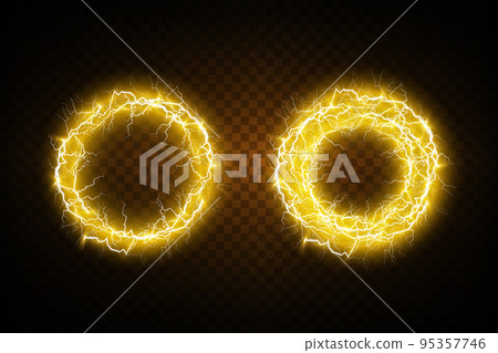 Ball lightning on a transparent background. Vector illustration, abstract electric lightning in gold color. Light flash, thunder, spark. 95357746
