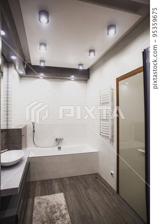 Modern bathroom in white and gray tones with mosaic on wide angle view Modern bathroom in white and gray tones with mosaic on wide angle view 95359675