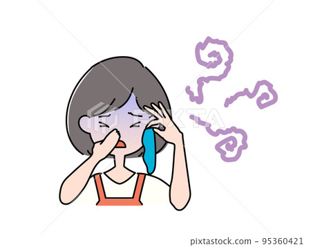 A woman in an apron who frowns at the smell of socks 95360421