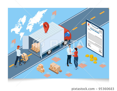 3D isometric Export and Import Business concept with Businessmen handshake and deal business in front of a contract document at industrial container terminal. Vector illustration eps10 3D isometric Export and Import Business concept with Businessmen handshake and deal business in front of a contract document at industrial container terminal. Vector illustration eps10 95360683