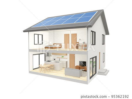 Cross-section CG perspective of a two-story house seen from an angle 95362192
