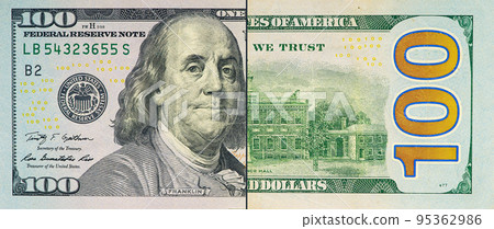 Large fragment of 100 hundred dollars bill banknote. Old American money banknote, vintage retro, usd Large fragment of 100 hundred dollars bill banknote. Old American money banknote, vintage retro, usd 95362986