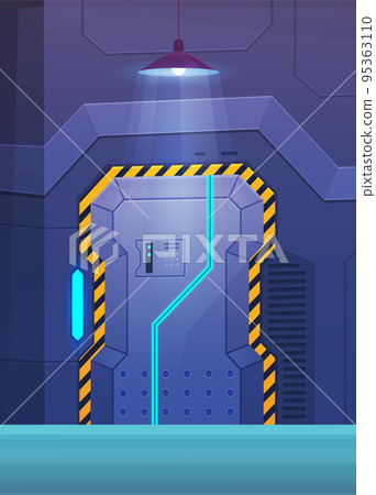 Futuristic empty dark lobby with sliding doors and lifts code for manual non-contact control 95363110