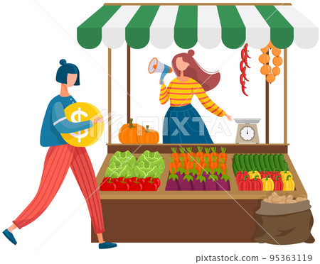 Street trade farm stall. Girl seller calls buyers. Outdoor stand with canopy and fresh vegetables 95363119