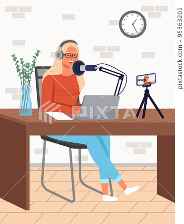 Podcaster woman character in office room interior. Girl with headphone listening audio podcast Podcaster woman character in office room interior. Girl with headphone listening audio podcast 95363201